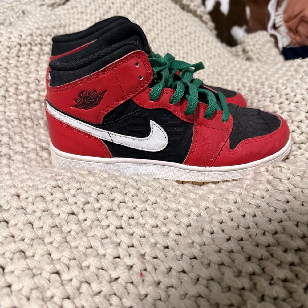 Jordan Kids' Red and Black Sneakers with Green Laces